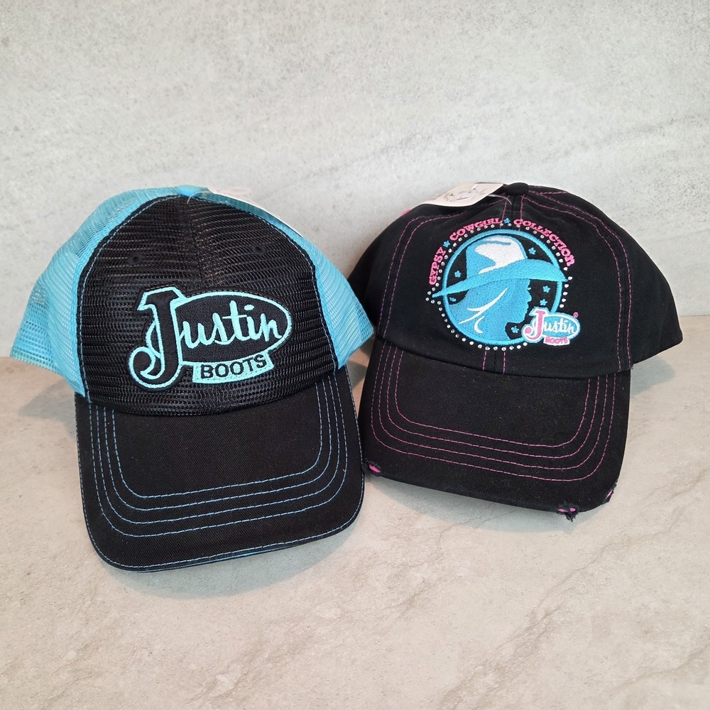 Set of 2 Justin Boots Womens Hats Pink Cowgirl Blue Logo Mesh Strapback Cap